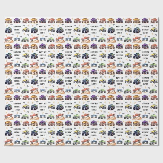 Moderne Kinder Monster Trucks Verjaardagsfeest Cadeaupapier (Vlak)