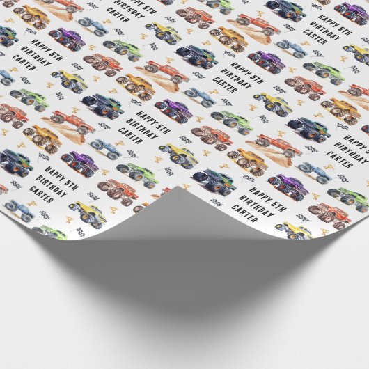 Moderne Kinder Monster Trucks Verjaardagsfeest Cadeaupapier (Hoek)