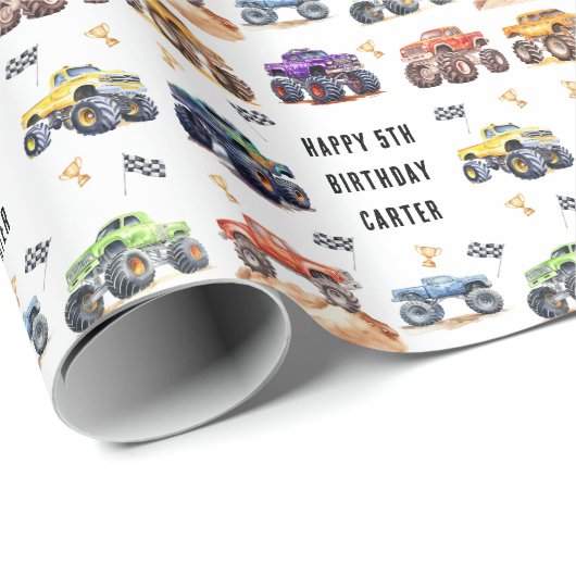 Moderne Kinder Monster Trucks Verjaardagsfeest Cadeaupapier (Rol Hoek)