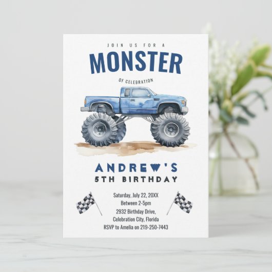 Moderne Kinder Monster Trucks Verjaardagsfeest Kaart (Staand voorkant)