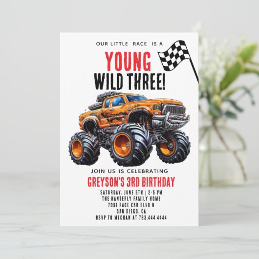 Moderne Kinder Monster Trucks Verjaardagsfeest Kaart (Staand voorkant)