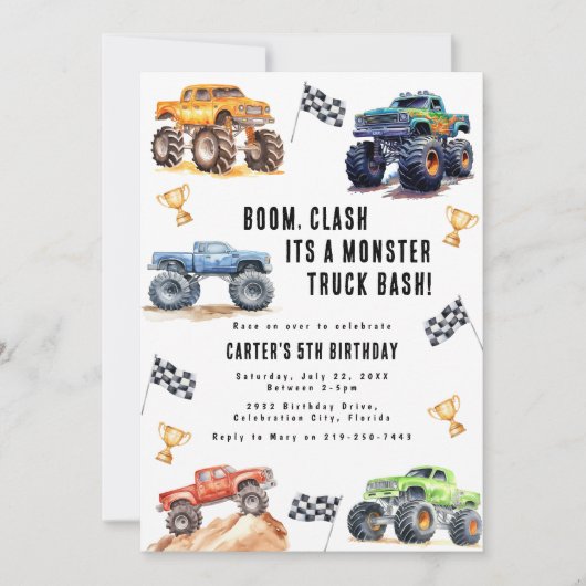 Moderne Kinder Monster Trucks Verjaardagsfeest Kaart (Voorkant)