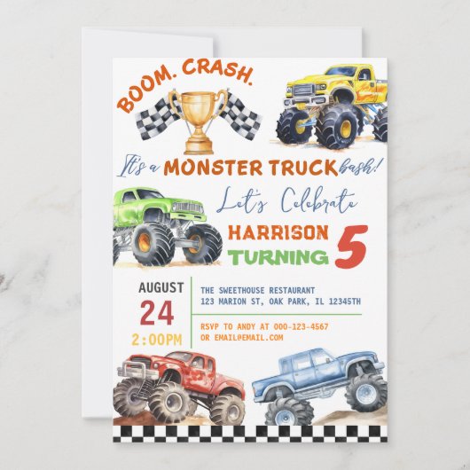 Moderne Kinder Monster Trucks Verjaardagsfeest Kaart (Voorkant)