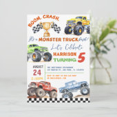 Moderne Kinder Monster Trucks Verjaardagsfeest Kaart (Staand voorkant)