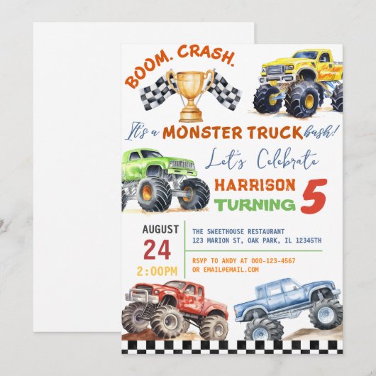 Moderne Kinder Monster Trucks Verjaardagsfeest Kaart (Voorkant / Achterkant)
