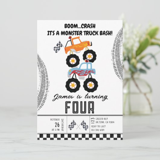 Moderne Kinder Monster Trucks Verjaardagsfeest Kaart (Staand voorkant)