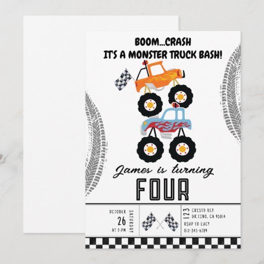 Moderne Kinder Monster Trucks Verjaardagsfeest Kaart (Voorkant / Achterkant)