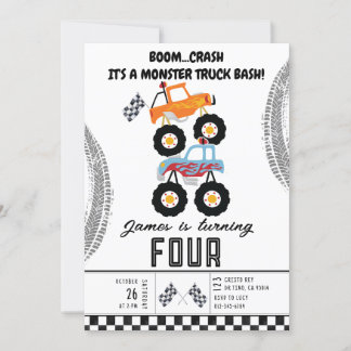 Moderne Kinder Monster Trucks Verjaardagsfeest Kaart