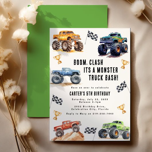 Moderne Kinder Monster Trucks Verjaardagsfeest Kaart