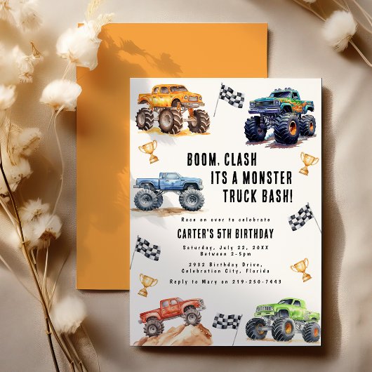 Moderne Kinder Monster Trucks Verjaardagsfeest Kaart
