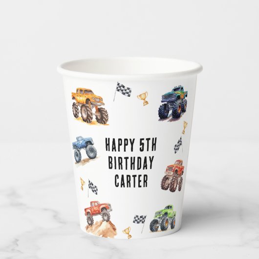 Moderne Kinder Monster Trucks Verjaardagsfeest Papieren Bekers (Achterkant)