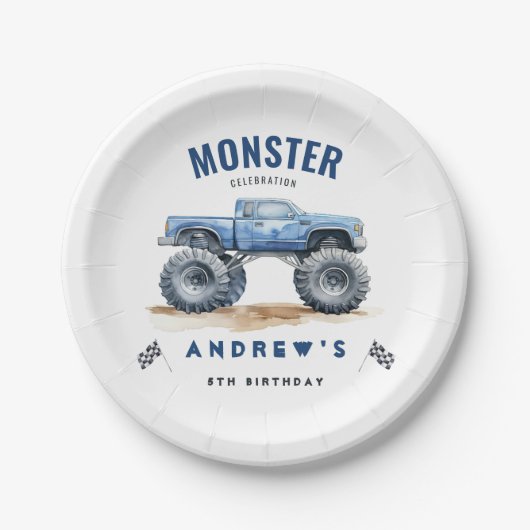 Moderne Kinder Monster Trucks Verjaardagsfeest Papieren Bordje (Voorkant)