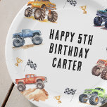 Moderne Kinder Monster Trucks Verjaardagsfeest Papieren Bordje<br><div class="desc">Let op alle kleine feestbeesten! Maak je klaar om de pret op te fleuren met onze Kinder Monster Car Trucks verjaardagsfeestjes borden. Dit moderne typografische script is versierd met schattige en levendige monsterautotrucks en nodigt u uit om mee te doen aan de viering.</div>