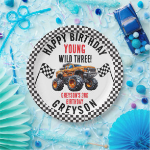 Moderne Kinder Monster Trucks Verjaardagsfeest Papieren Bordje