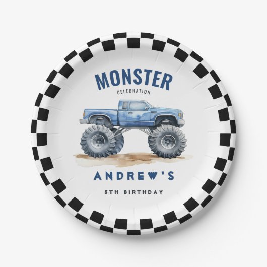 Moderne Kinder Monster Trucks Verjaardagsfeest Papieren Bordje (Voorkant)