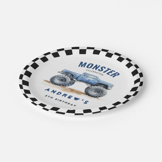 Moderne Kinder Monster Trucks Verjaardagsfeest Papieren Bordje (Gekanteld)