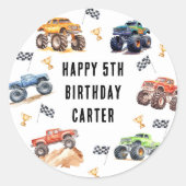 Moderne Kinder Monster Trucks Verjaardagsfeest Ronde Sticker (Voorkant)