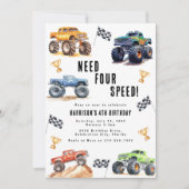 Moderne Kinderen Monstertrucks 4e Verjaardagsfeest Kaart (Voorkant)