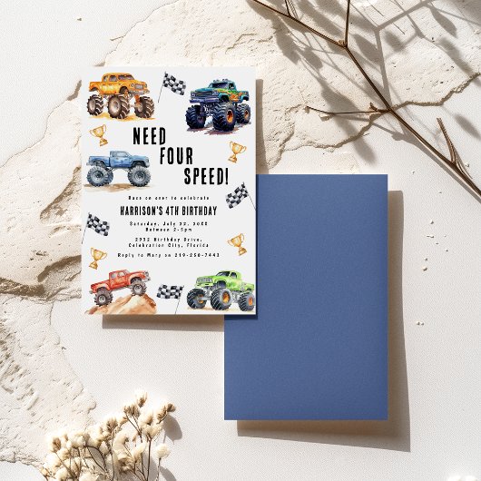 Moderne Kinderen Monstertrucks 4e Verjaardagsfeest Kaart