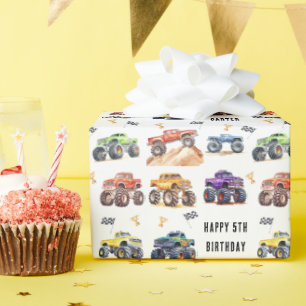 Moderne Kinderen Monstertrucks Verjaardagsfeestje Cadeaupapier