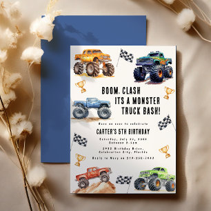 Moderne Kinderen Monstertrucks Verjaardagsfeestje Kaart