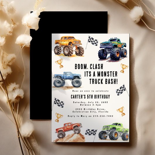 Moderne Kinderen Monstertrucks Verjaardagsfeestje Kaart