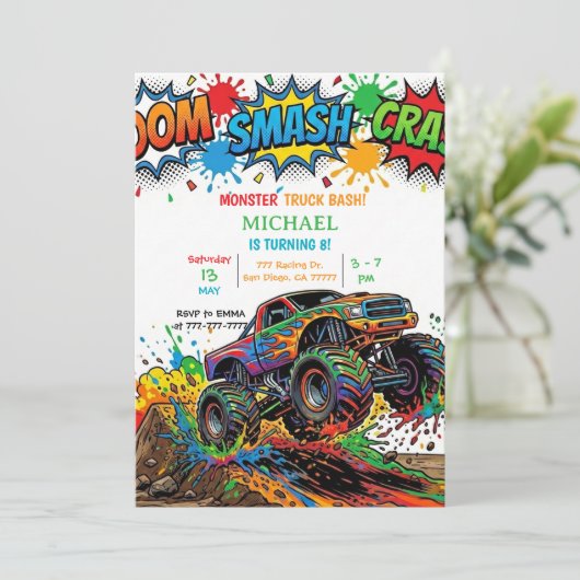 Moderne Kinderen Monstertrucks Verjaardagsfeestje Kaart (Staand voorkant)