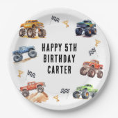 Moderne Kinderen Monstertrucks Verjaardagsfeestje Papieren Bordje (Voorkant)