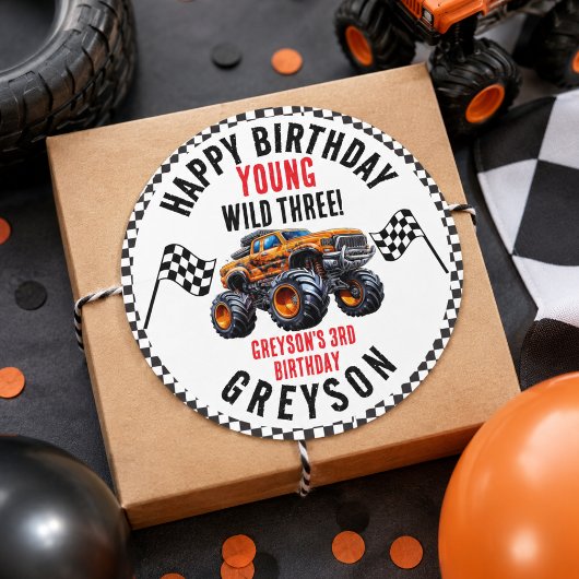 Moderne Kinderen Monstertrucks Verjaardagsfeestje Ronde Sticker