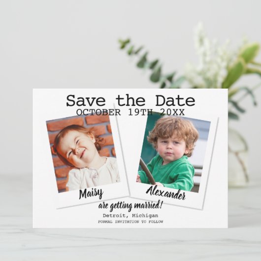 Moderne kinderfoto's bruiloft save the date (Staand voorkant)