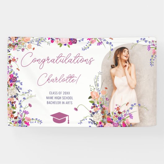 Moderne kische wilde bloemen afstuderen met script spandoek (Horizontaal)