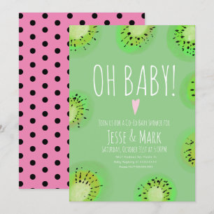 Moderne Kiwi Baby Shower Waterverf Stippen Roze Kaart