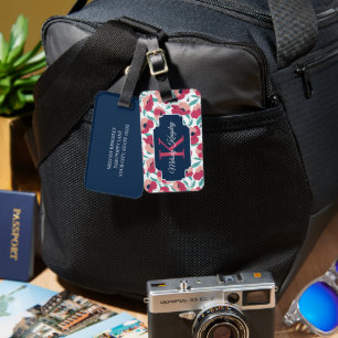 Moderne klaproosprint met roze monogram bagagelabel