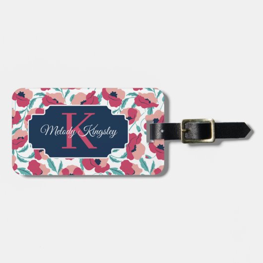 Moderne klaproosprint met roze monogram bagagelabel (Voorkant horizontaal)
