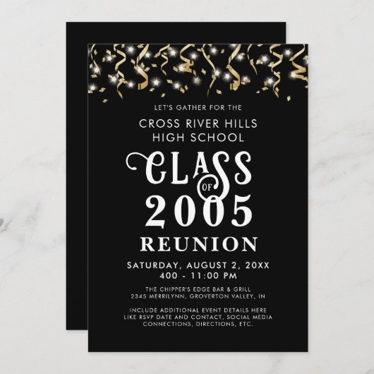Moderne Klasse Reünie Zwart Goud Confetti Streamer Kaart (Voorkant / Achterkant)