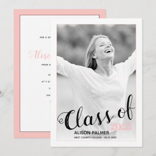 Moderne Klasse van 2023 manuscript goot roze foto Kaart (Voorkant / Achterkant)