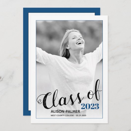 Moderne Klasse van 2023 manuscript klassieke blauw Kaart (Voorkant / Achterkant)