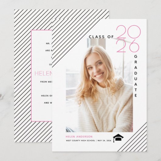 Moderne klasse van 2025 afstuderen roze foto aankondiging (Voorkant / Achterkant)