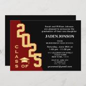 Moderne Klasse van 2025 Golden Red Graduation Part Kaart (Voorkant / Achterkant)