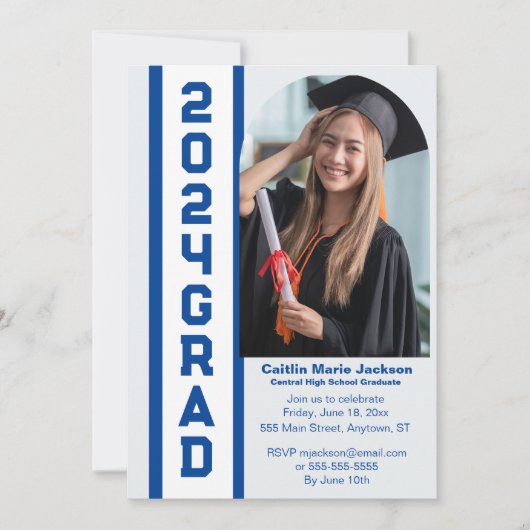 Moderne Klasse van 24, Blauw & Wit Afstuderen Kaart (Voorkant)