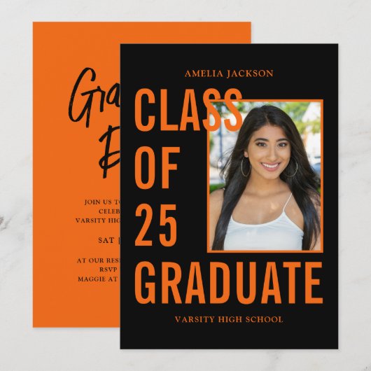 Moderne Klasse Van 25 Zwart & Oranje Afstudeerfees Kaart (Voorkant / Achterkant)