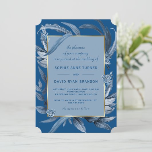 Moderne Klassiek Blauwe Bladeren Geometrische Goud Kaart (Staand voorkant)