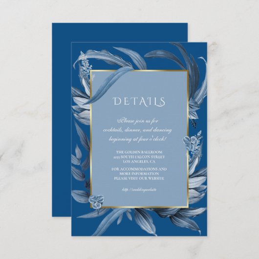 Moderne Klassiek Blauwe Bladeren Gouden Huwelijksr Informatiekaartje (Voorkant / Achterkant)
