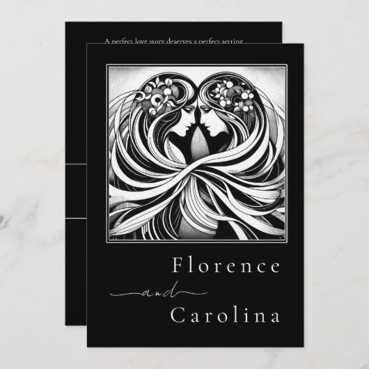 Moderne klassieke Art Deco Zwart & Wit Bruiloft Kaart (Voorkant / Achterkant)