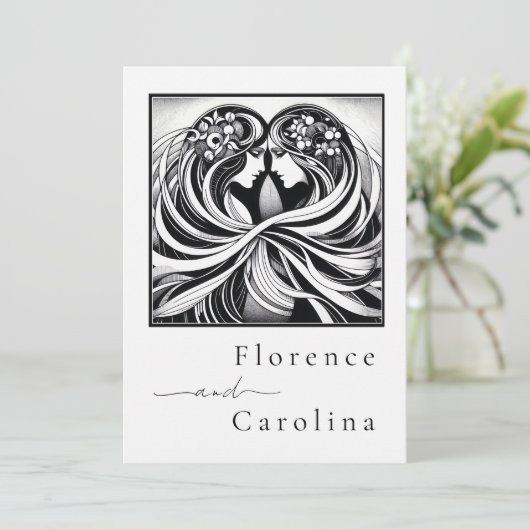 Moderne klassieke Art Deco Zwart & Wit Bruiloft Kaart (Staand voorkant)