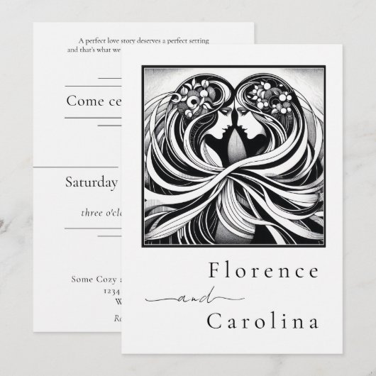 Moderne klassieke Art Deco Zwart & Wit Bruiloft Kaart (Voorkant / Achterkant)