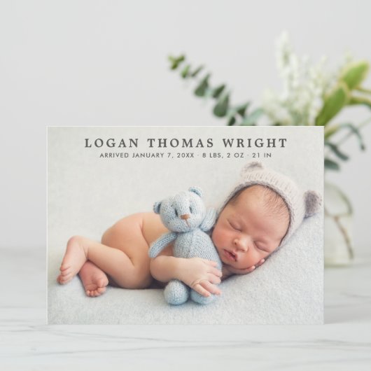 Moderne klassieke baby jongen foto collage geboort aankondiging (Staand voorkant)