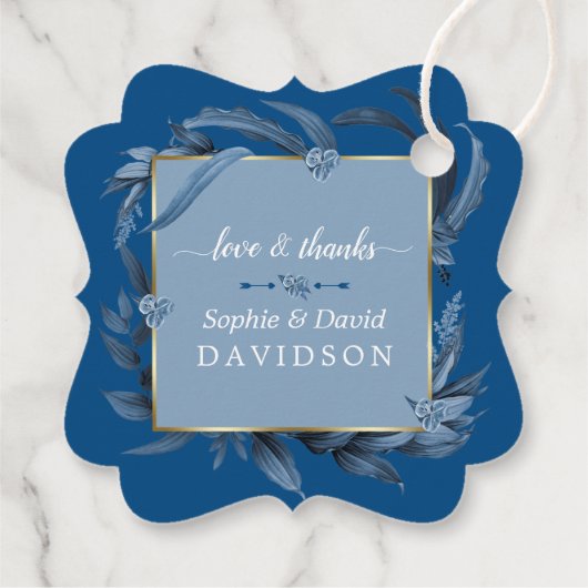 Moderne klassieke blauwe bladeren Geometrische gou Bedankjes Labels (Achterkant)