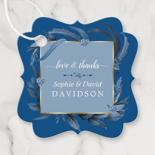 Moderne klassieke blauwe bladeren Geometrische gou Bedankjes Labels (Voorkant)