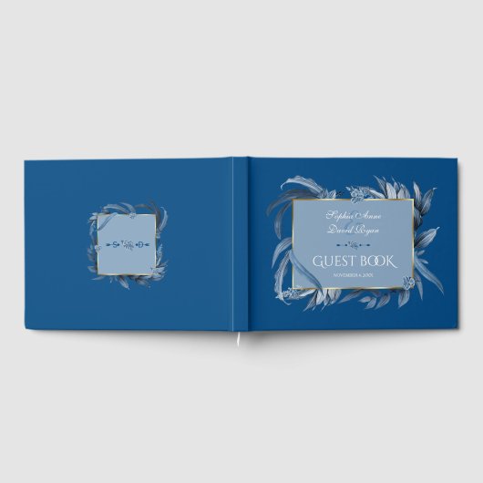 Moderne klassieke blauwe bladeren Geometrische gou Gastenboek (Volledig)